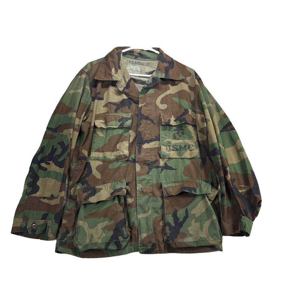 Vintage 80s USMC M81 Field Jacket Shirt Woodland Camo Size Large Military